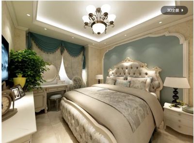   欧式_卧室_大欧花_蓝色肤感_弧形框